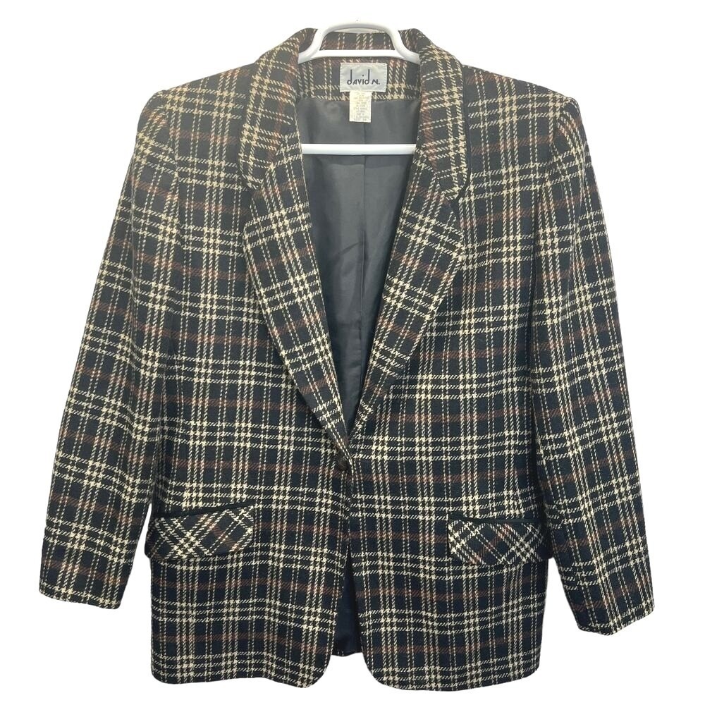 David N. Blazer Vintage Wool Plaid Suede Trim Jacket Brown Black 10 Academia‎
